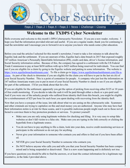 The TXDPS Cyber Newsletter Hello Everyone and Welcome to This Month’S DPS Cybersecurity Newsletter