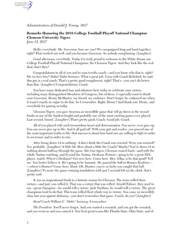Administration of Donald J. Trump, 2017 Remarks Honoring the 2016 College Football Playoff National Champion Clemson University