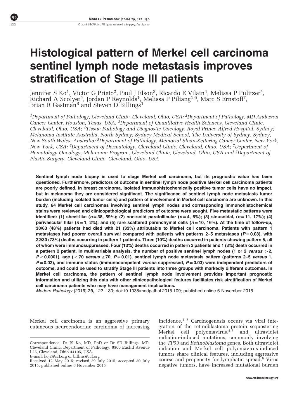 Histological Pattern of Merkel Cell Carcinoma Sentinel Lymph Node