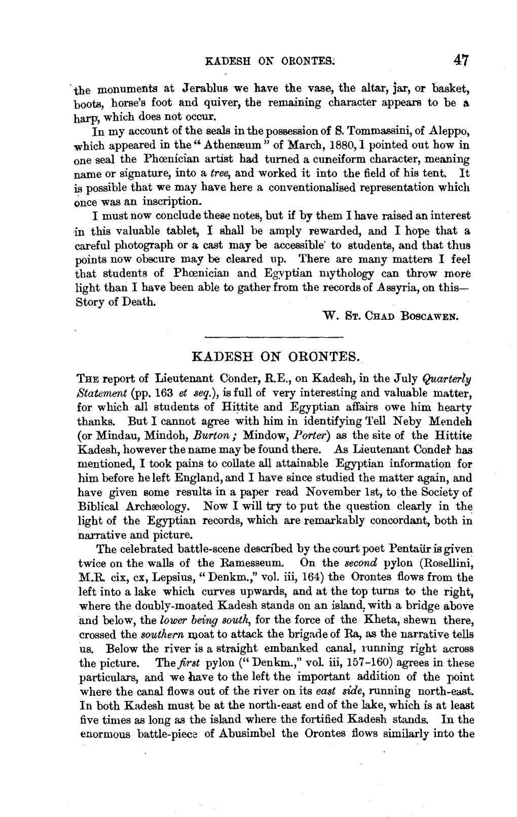 KADESH on ORONTES. the Report of Lieutenant Conder, R.E., on Kadesh, in the July Quarterly Statement (Pp