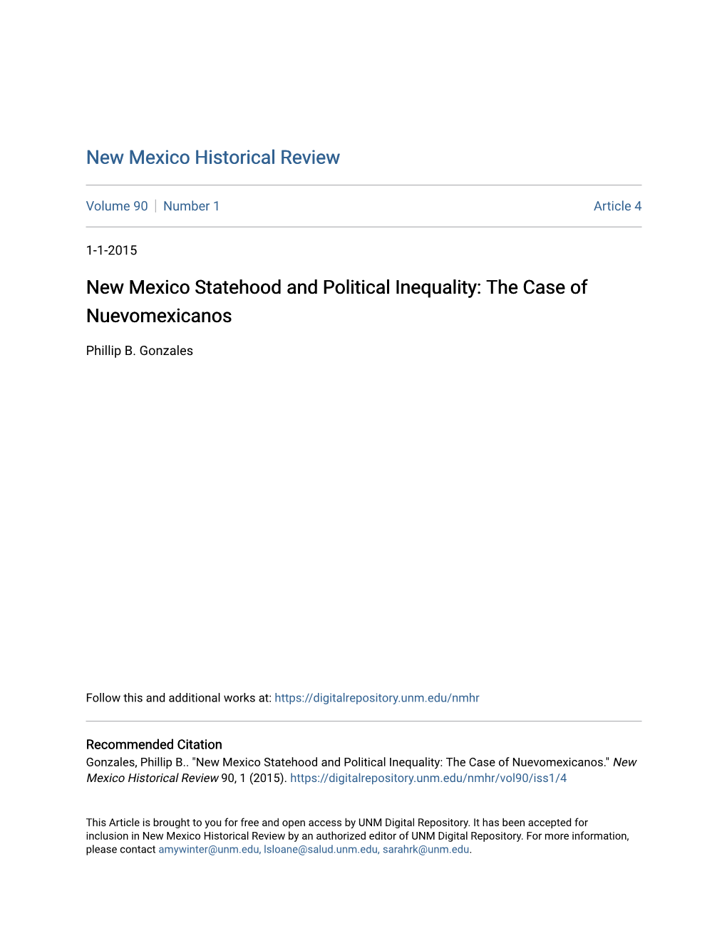 New Mexico Statehood and Political Inequality: the Case of Nuevomexicanos