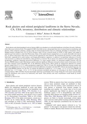 Rock Glaciers and Related Periglacial Landforms in the Sierra Nevada, CA, USA; Inventory, Distribution and Climatic Relationships