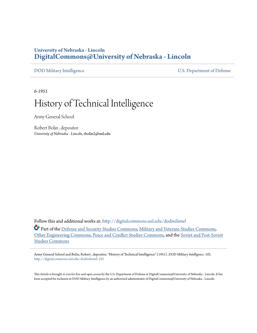 History of Technical Intelligence Army General School