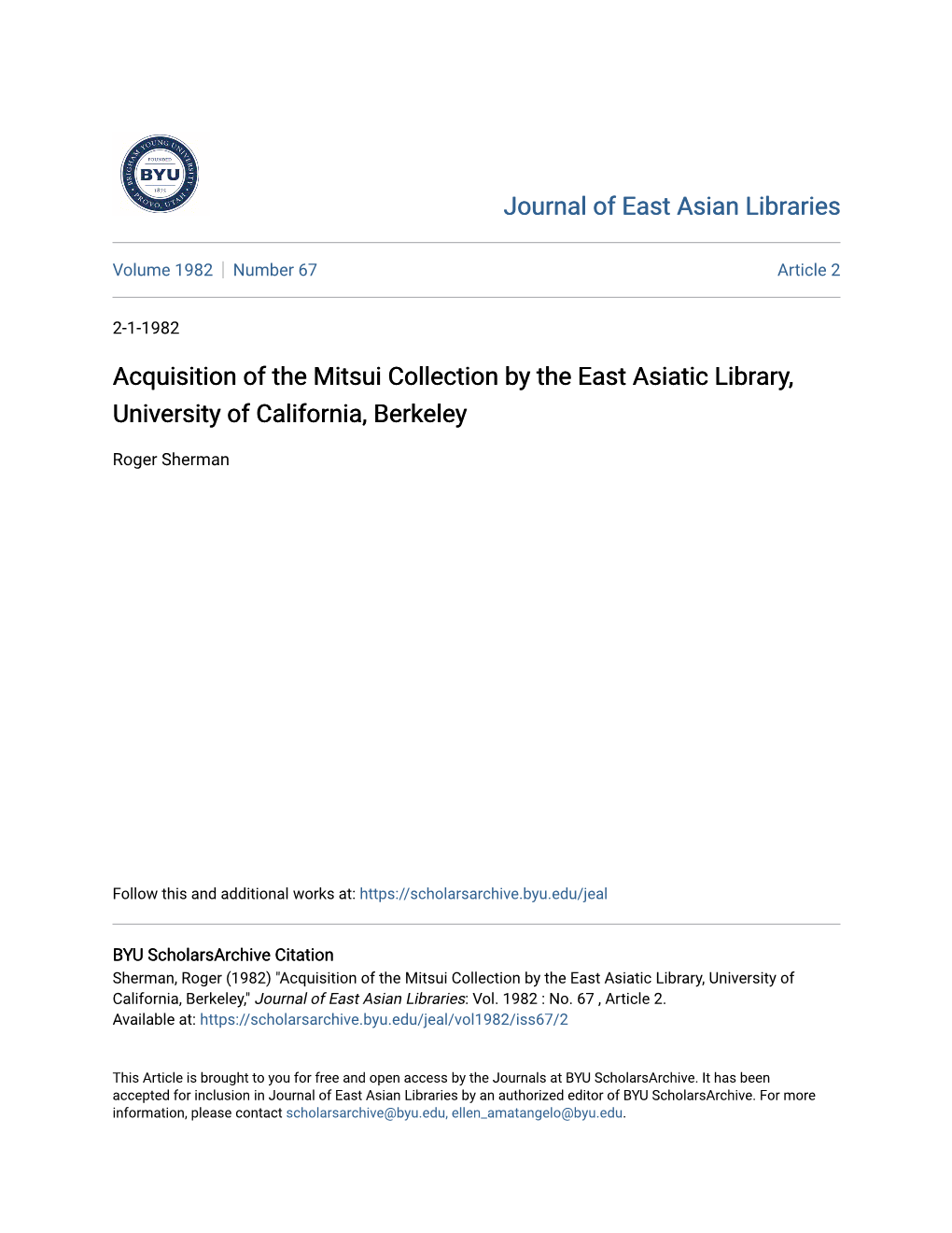 Acquisition of the Mitsui Collection by the East Asiatic Library, University of California, Berkeley