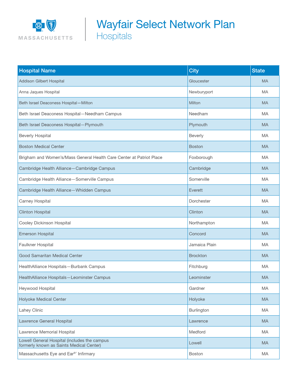 Wayfair Select Network Plan Hospitals