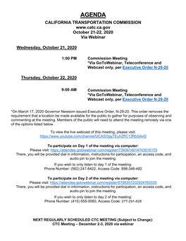 AGENDA CALIFORNIA TRANSPORTATION COMMISSION October 21-22, 2020 Via Webinar