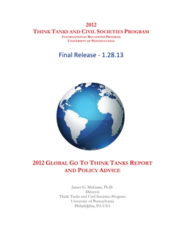 2012 Global Go to Think Tanks Rankings and Associated Trends Report