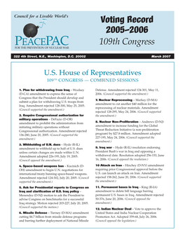 Voting Record 2005–2006 PEACEPAC 109Th Congress for the PREVENTION of NUCLEAR WAR