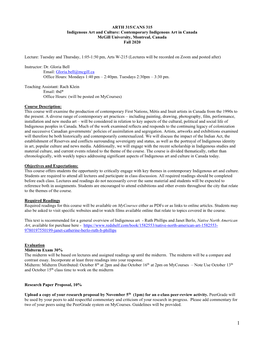 ARTH 315/CANS 315 Indigenous Art and Culture: Contemporary Indigenous Art in Canada Mcgill University, Montreal, Canada Fall 2020