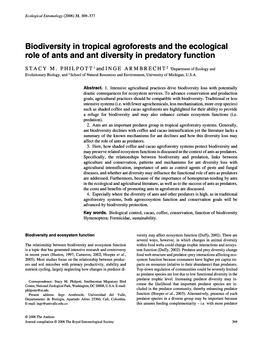 Biodiversity in Tropical Agroforests and the Ecological Role of Ants and Ant Diversity in Predatory Function
