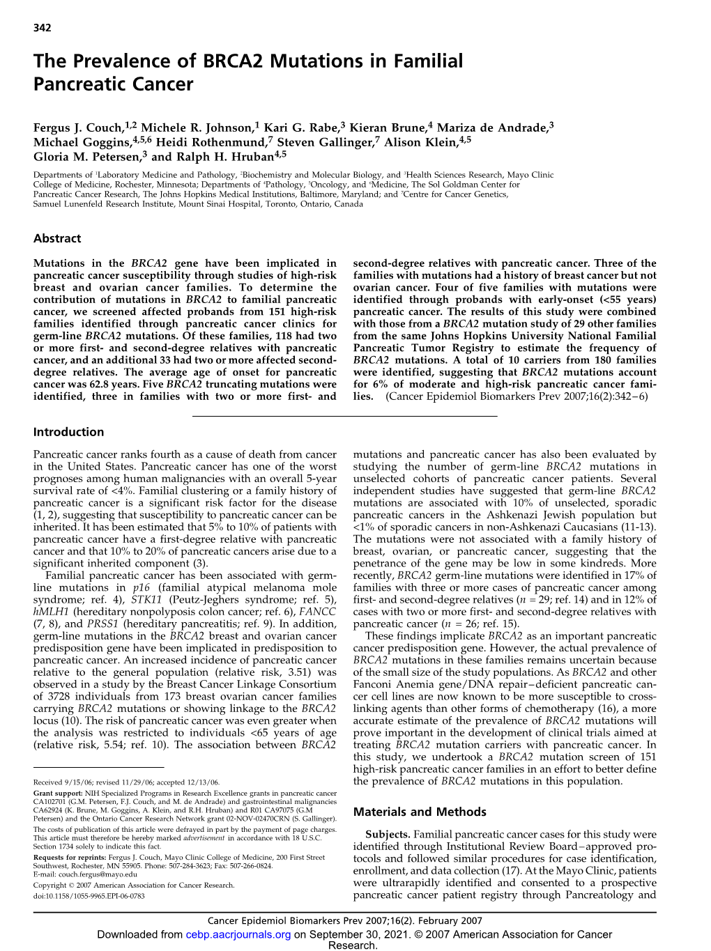 The Prevalence of BRCA2 Mutations in Familial Pancreatic Cancer