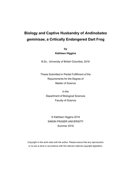 Biology and Captive Husbandry of Andinobates Geminisae, a Critically Endangered Dart Frog