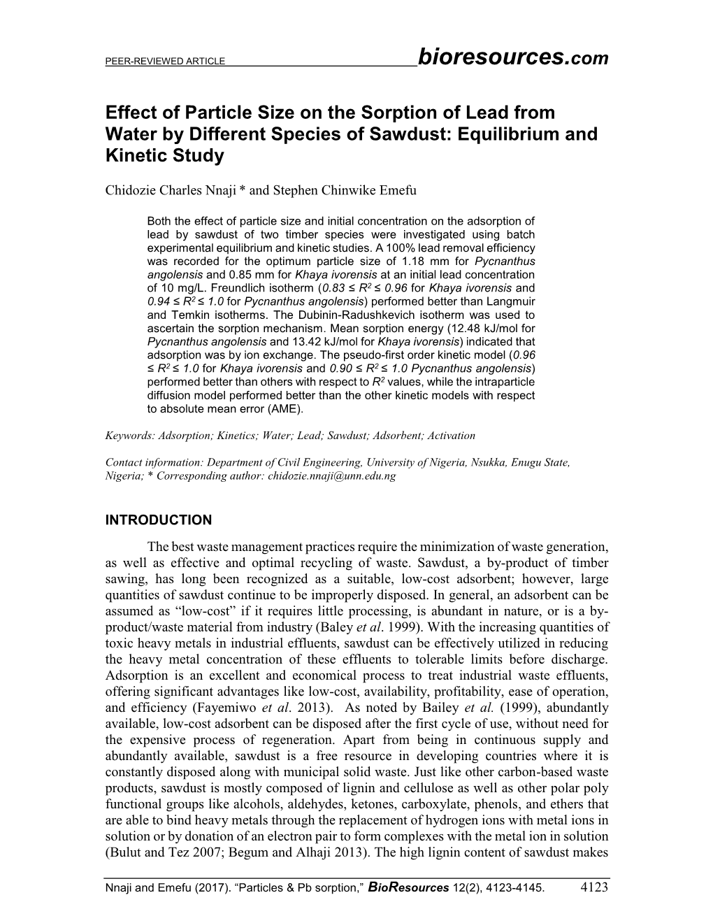 Effect of Particle Size on the Sorption of Lead from Water by Different Species of Sawdust: Equilibrium and Kinetic Study