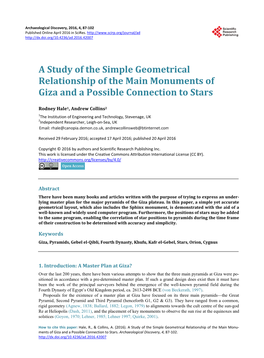 A Study of the Simple Geometrical Relationship of the Main Monuments of Giza and a Possible Connection to Stars