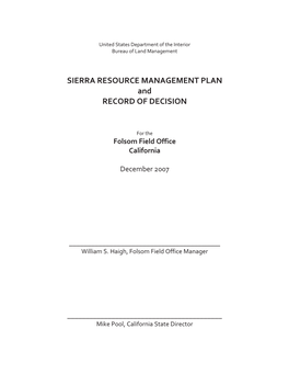 SIERRA RESOURCE MANAGEMENT PLAN and RECORD of DECISION