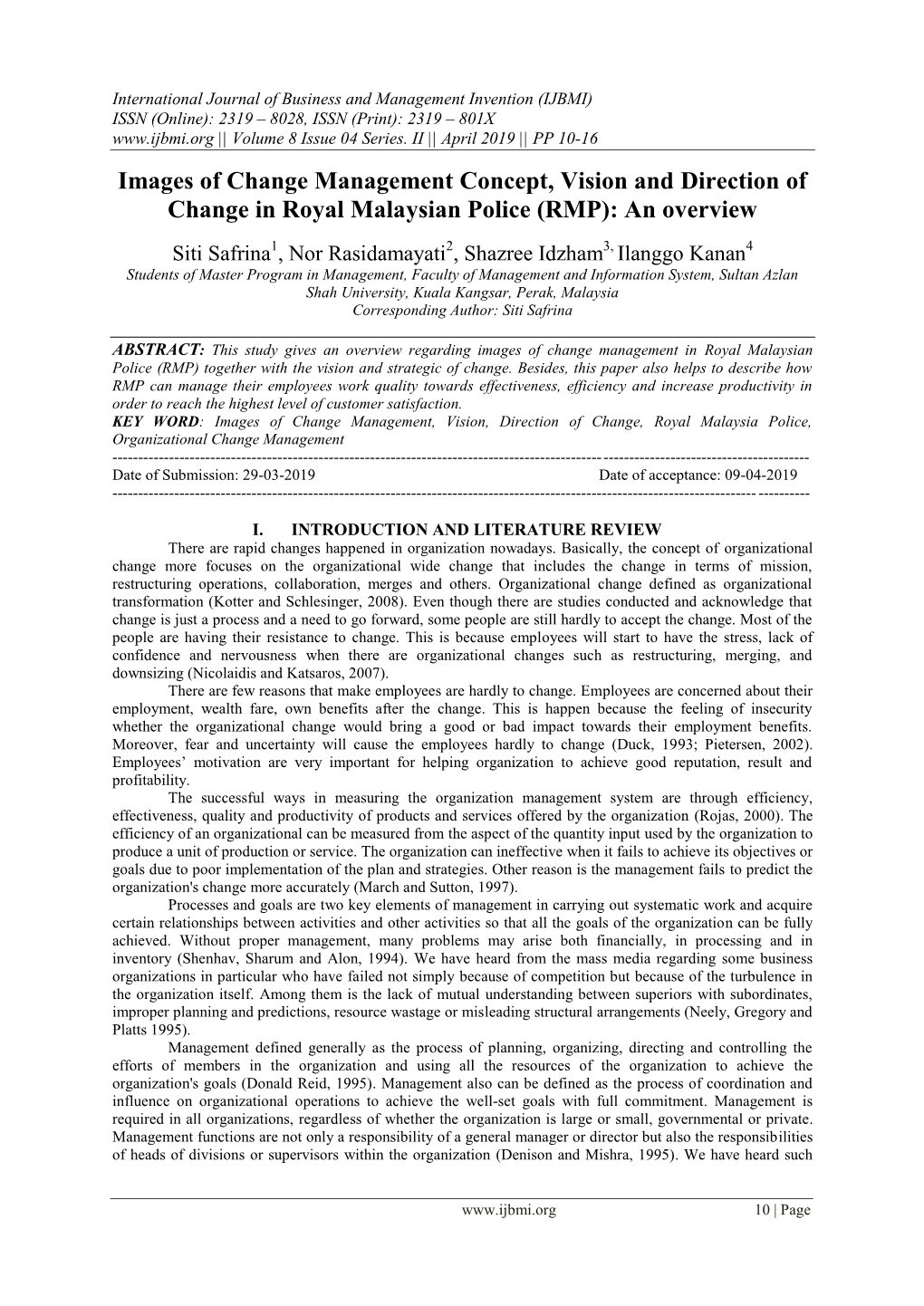 Images of Change Management Concept, Vision and Direction of Change in Royal Malaysian Police (RMP): an Overview