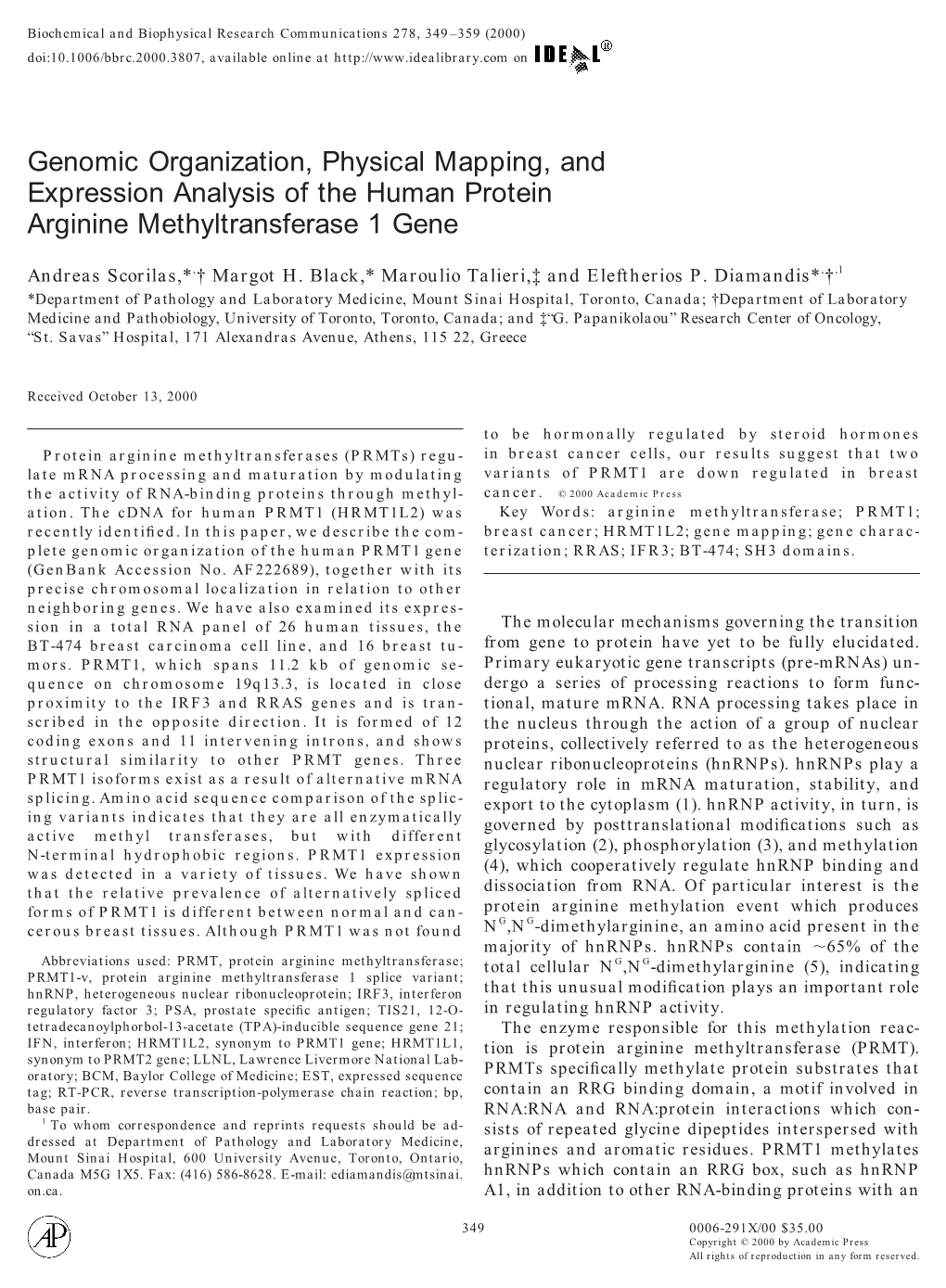 Genomic Organization, Physical Mapping, and Expression Analysis of the Human Protein Arginine Methyltransferase 1 Gene