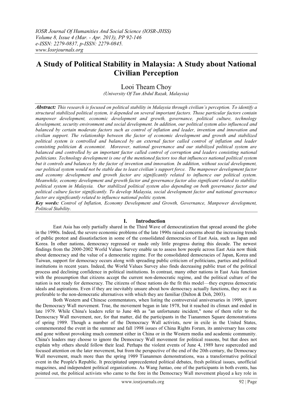 A Study of Political Stability in Malaysia: a Study About National Civilian Perception