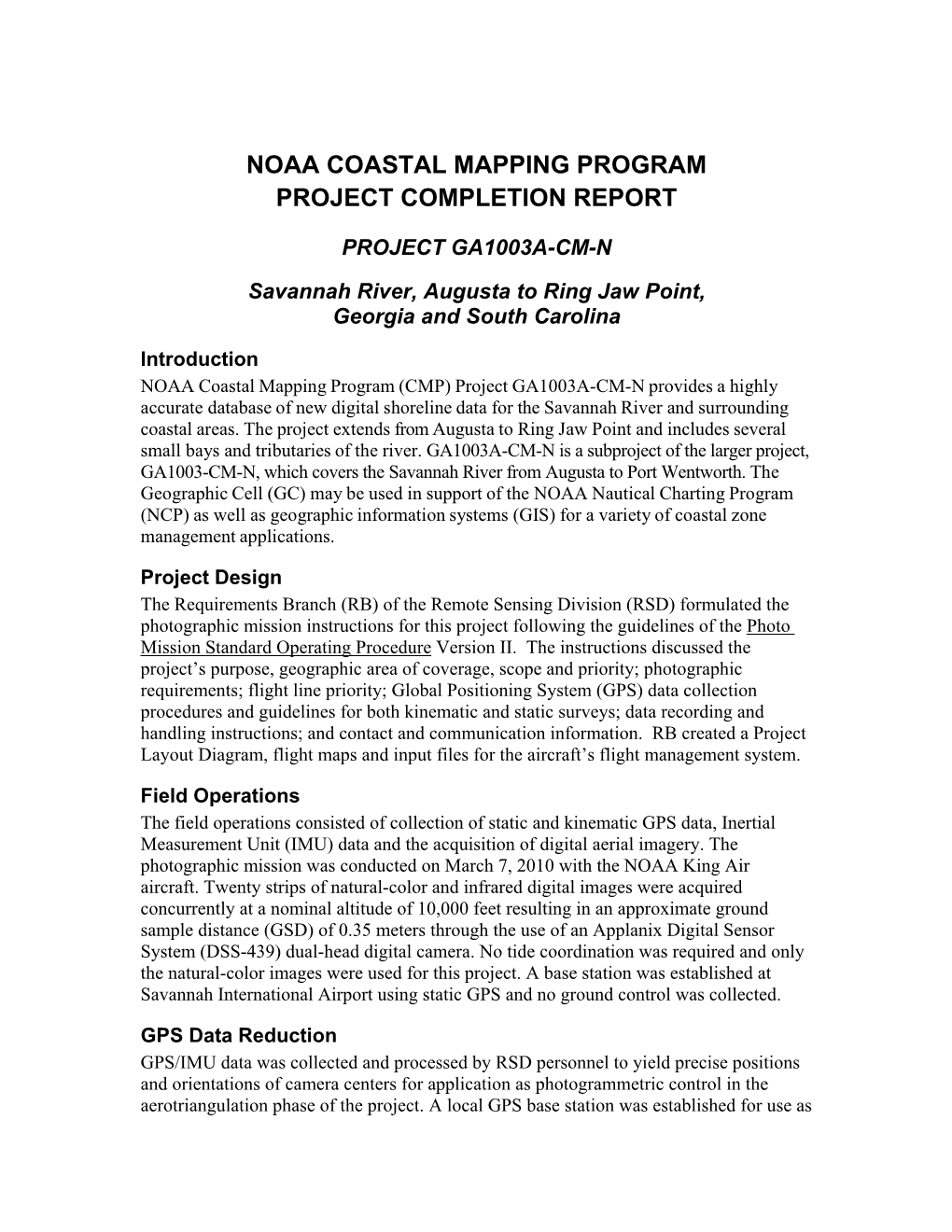 Noaa Coastal Mapping Program Project Completion Report