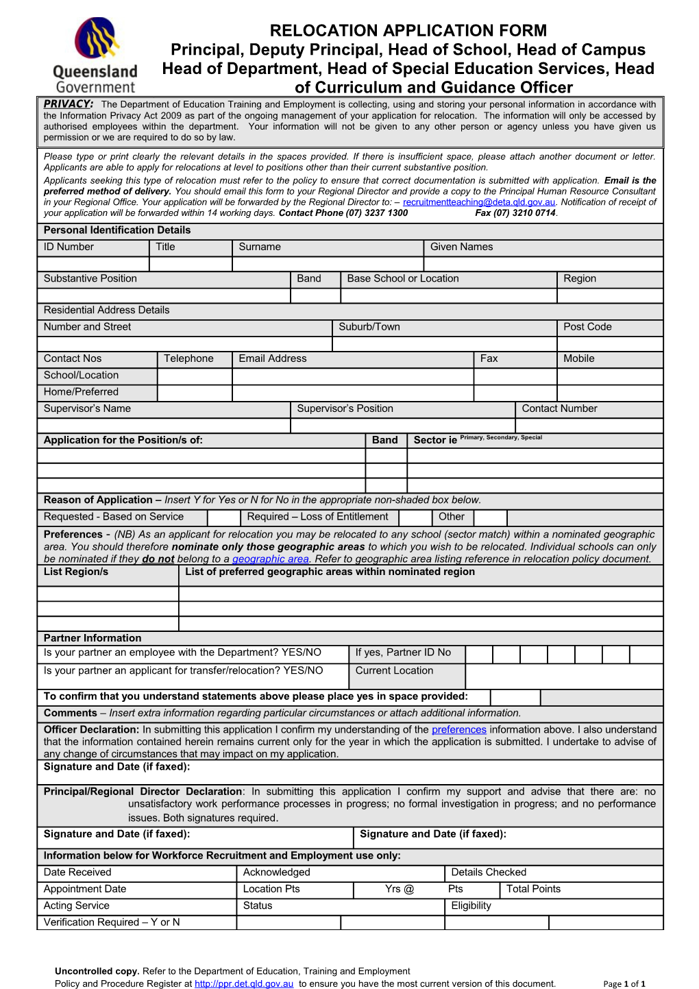 Relocation Application Form