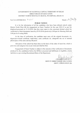 Government of National Capital Territory of Delhi Directorate of Education District North West-B, Fu-Block, Pitampura, Delhi-34