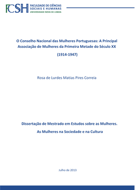 O Conselho Nacional Das Mulheres Portuguesas: a Principal Associação De Mulheres Da Primeira Metade Do Século XX (1914-1947)