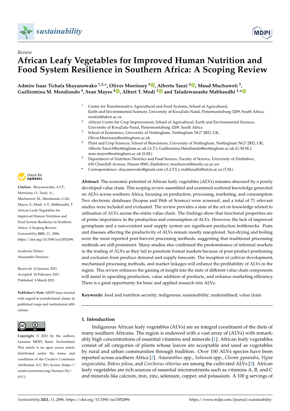 African Leafy Vegetables for Improved Human Nutrition and Food System Resilience in Southern Africa: a Scoping Review