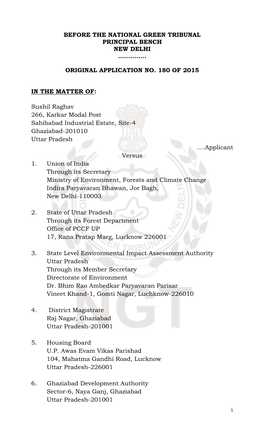 Before the National Green Tribunal Principal Bench New Delhi ………….. Original Application No. 180 of 2015 in the Matter O