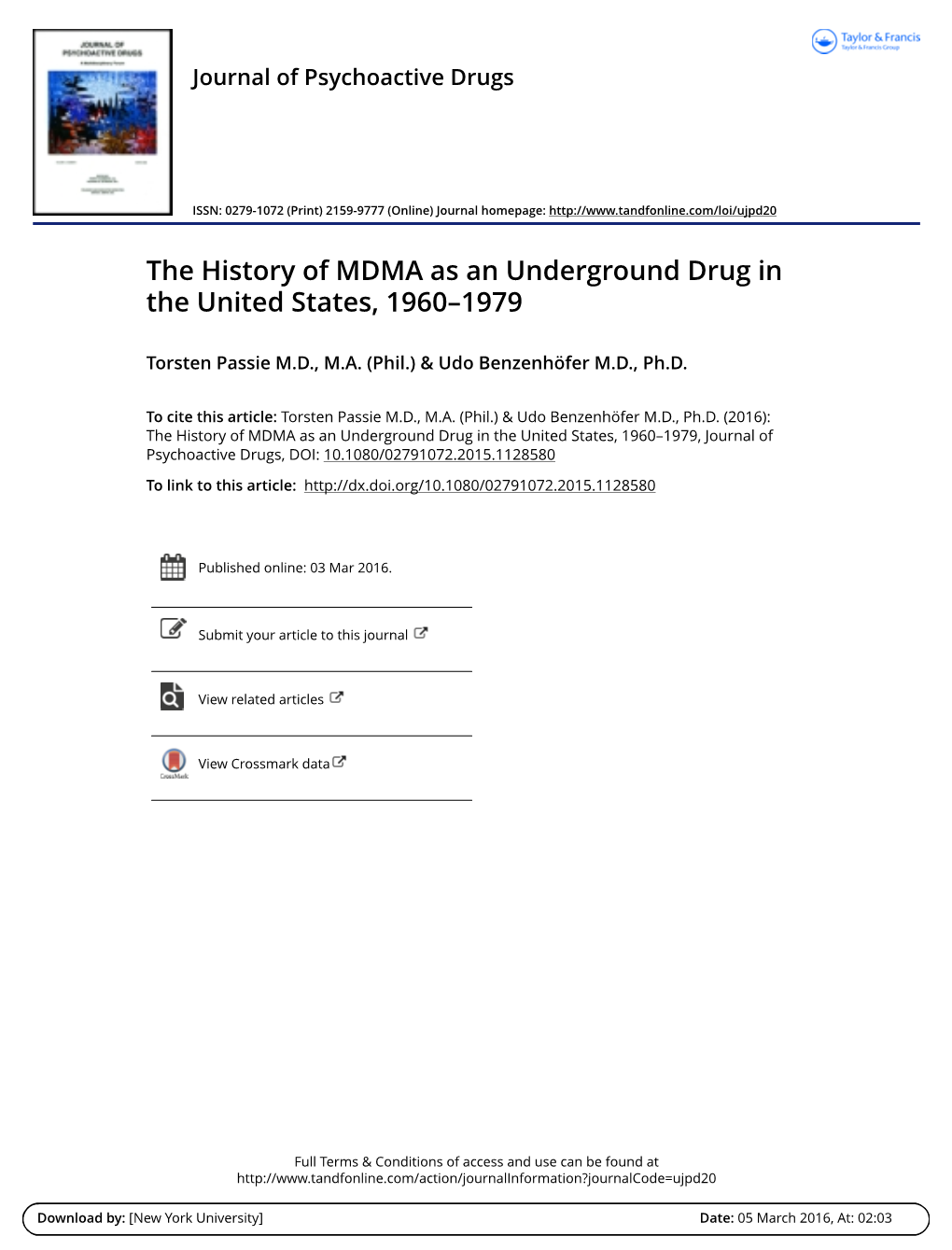 The History of MDMA As an Underground Drug in the United States, 1960–1979