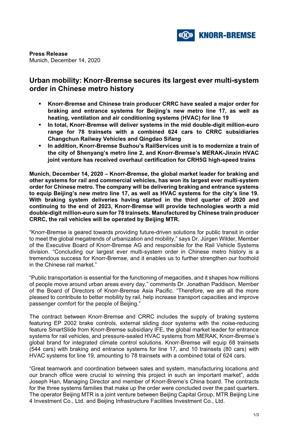 Urban Mobility: Knorr-Bremse Secures Its Largest Ever Multi-System Order in Chinese Metro History