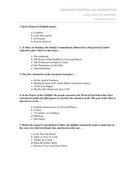 SACRAMENTS: BAPTISM and CONFIRMATION LESSON THREE: SELF ASSESSMENT ADW Faith Foundations