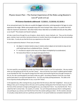 Physics Lesson Plan – the Human Experience of the Rides Using Newton’S Laws (9Th Grade and Up)