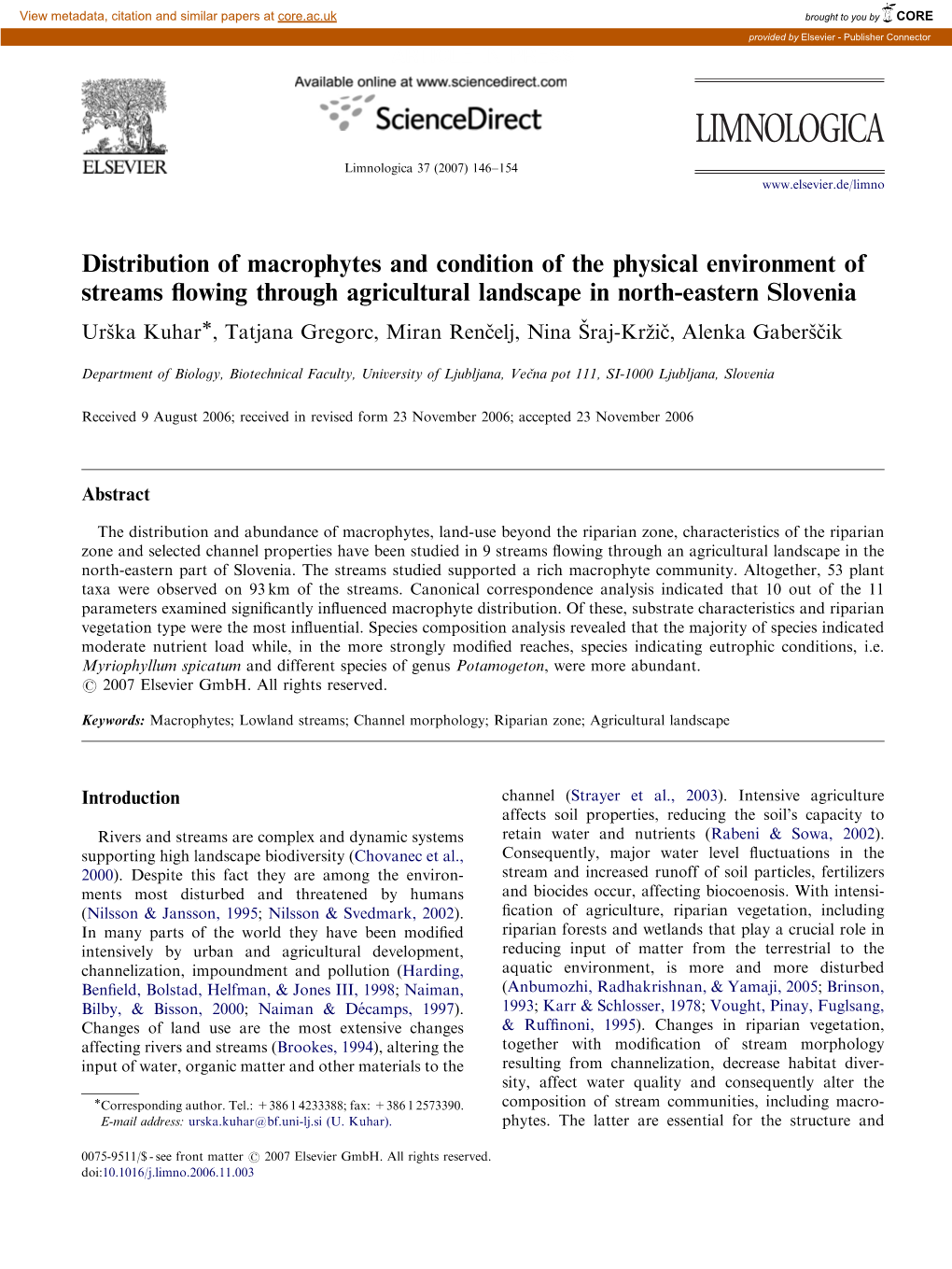 Distribution of Macrophytes and Condition of the Physical