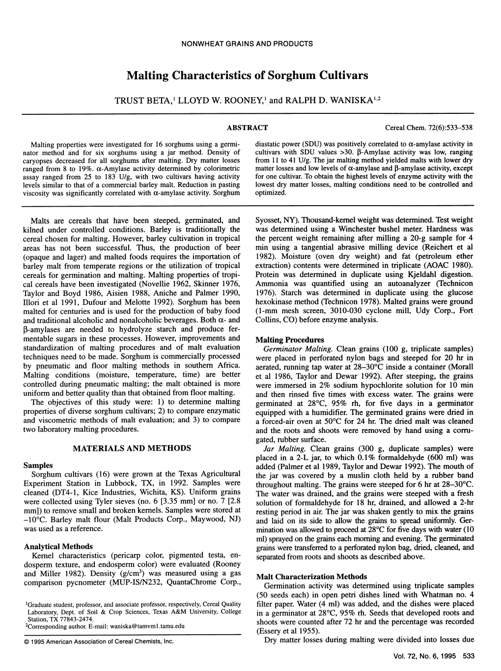 Malting Characteristics of Sorghum Cultivars