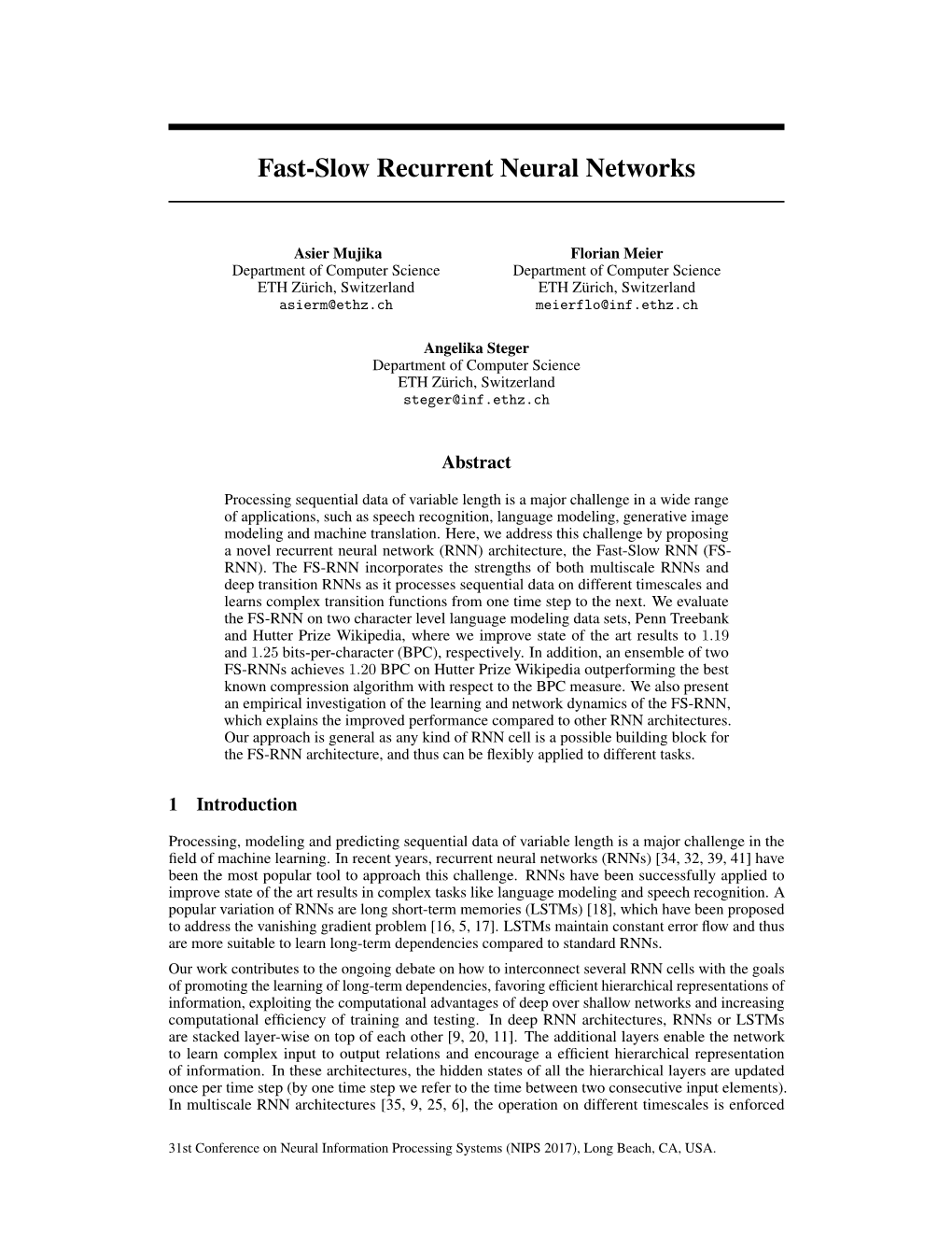 Fast-Slow Recurrent Neural Networks