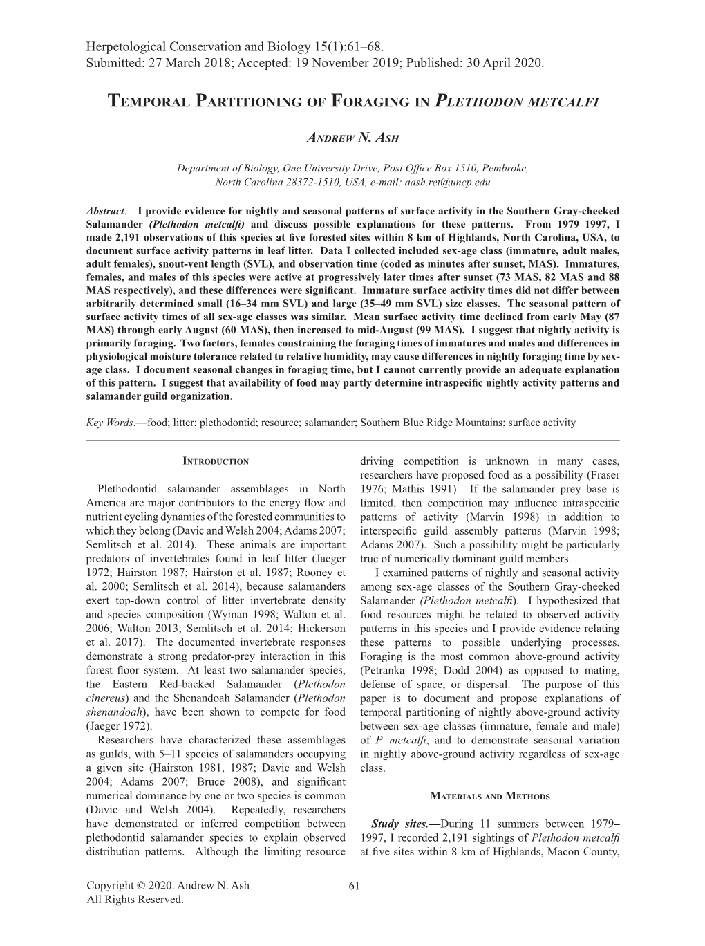 Temporal Partitioning of Foraging in Plethodon Metcalfi