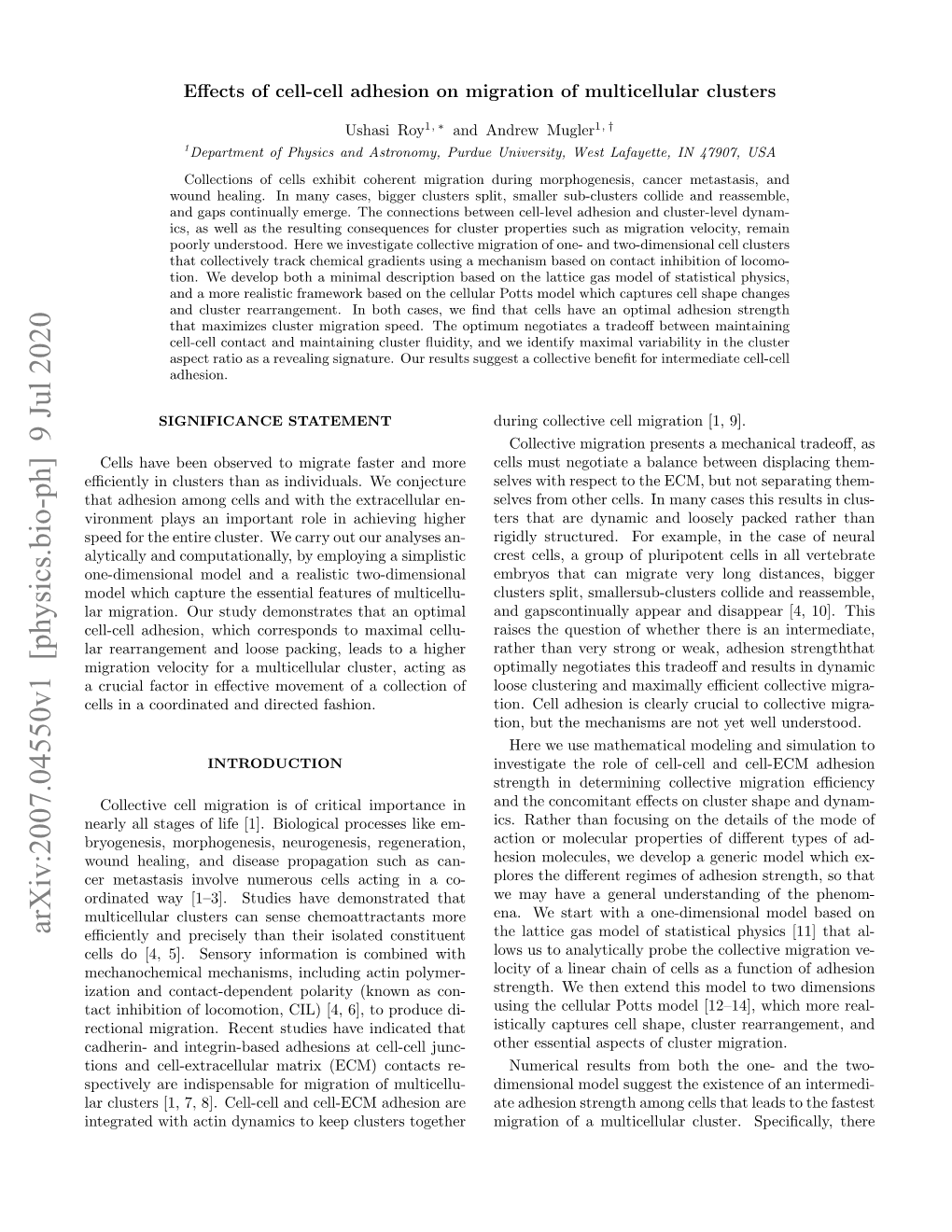 Effects of Cell-Cell Adhesion on Migration of Multicellular Clusters