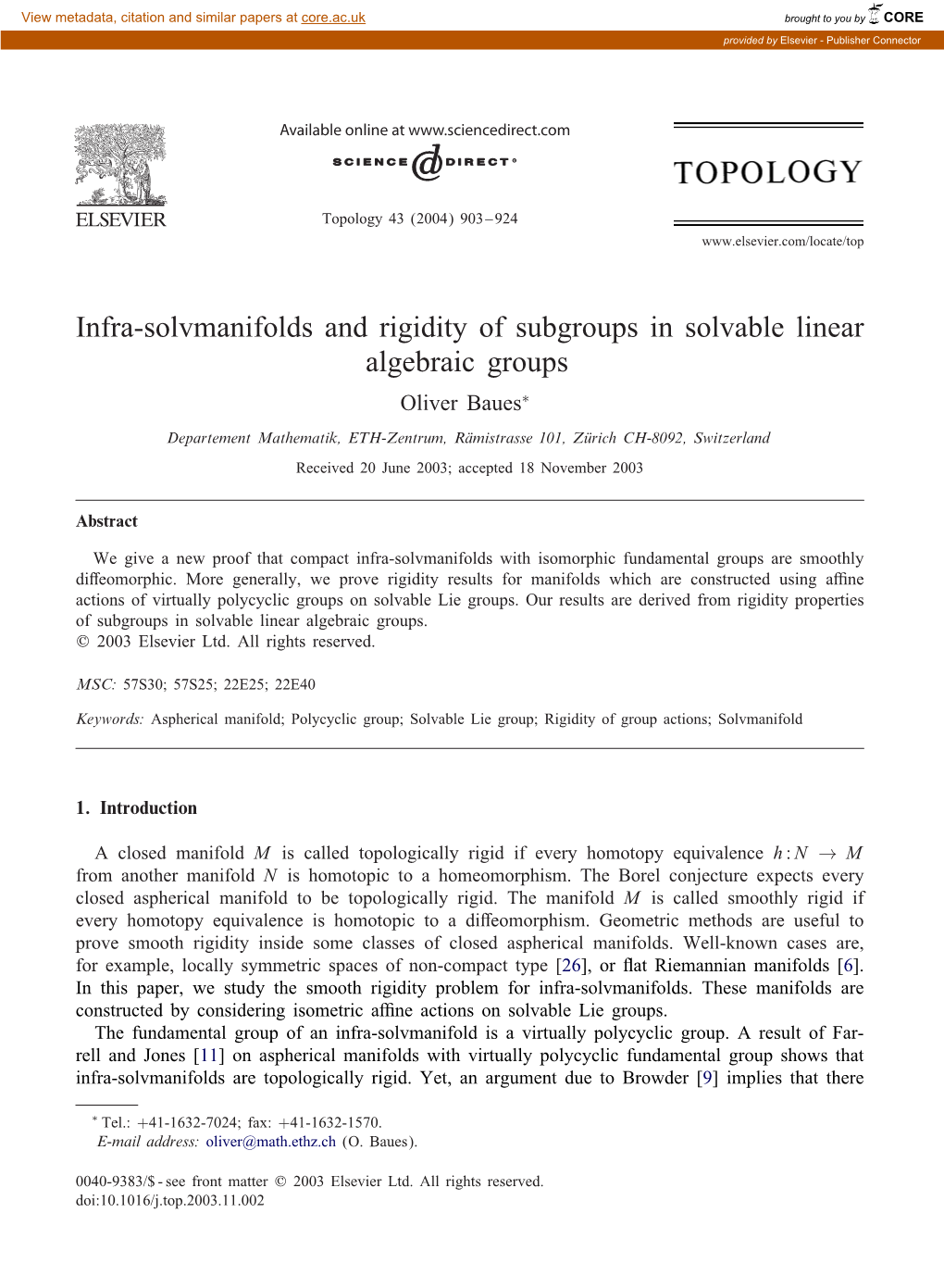 Infra-Solvmanifolds and Rigidity of Subgroups in Solvable Linear Algebraic Groups Oliver Baues∗