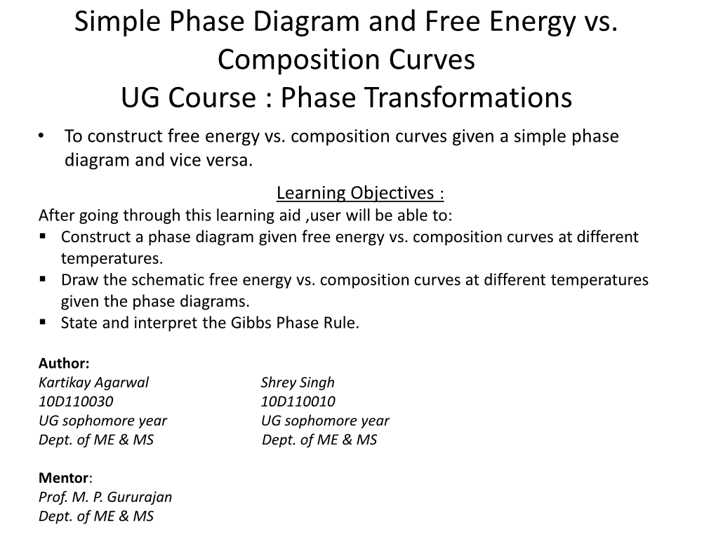 Simple Phase Diagram and Free Energy Vs. Composition Curves UG Course : Phase Transformations • to Construct Free Energy Vs