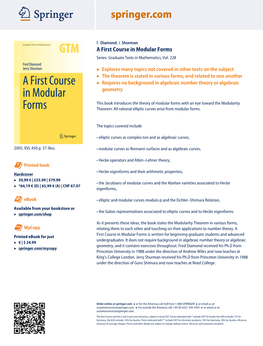 F. Diamond, J. Shurman a First Course in Modular Forms Series: Graduate Texts in Mathematics, Vol