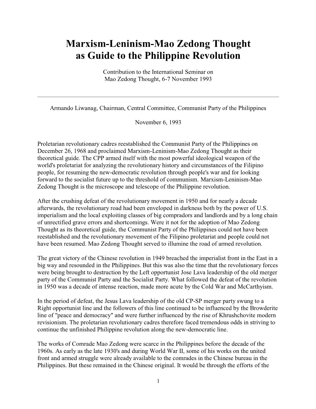 Marxism-Leninism-Mao Zedong Thought As Guide to the Philippine Revolution