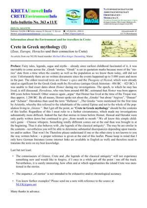 Crete in Greek Mythology (1) (Zeus, Europe, Heracles Und Their Connection to Crete) an Article from Our NLUK Board Member Michael Bloechinger Daeumling , Mainz