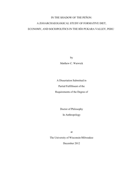 In the Shadow of the Peñon: a Zooarchaeological Study of Formative Diet, Economy, and Sociopolitics in the Río Pukara Valley, Peru