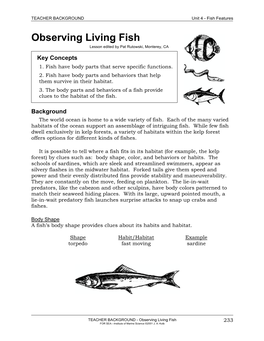 Observing Living Fish Lesson Edited by Pat Rutowski, Monterey, CA