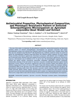 Antimicrobial Properties, Phytochemical Composition, and Phenotypic Resistance Pattern of Selected Enteropathogenic Microorganis