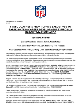 64 Nfl Coaches & Front Office Executives to Participate In