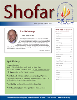 Rabbi's Message April Holidays