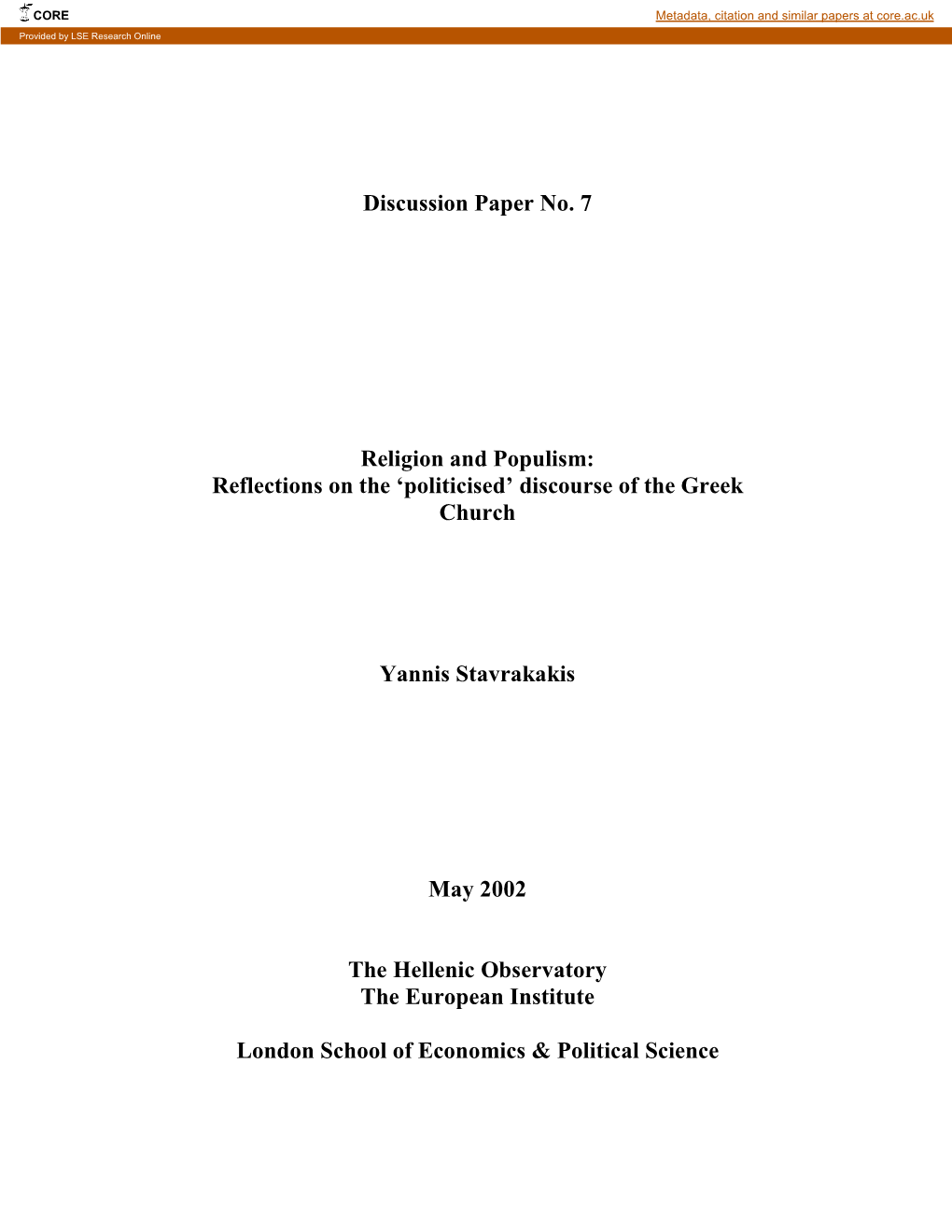 Discussion Paper No. 7 Religion and Populism: Reflections On