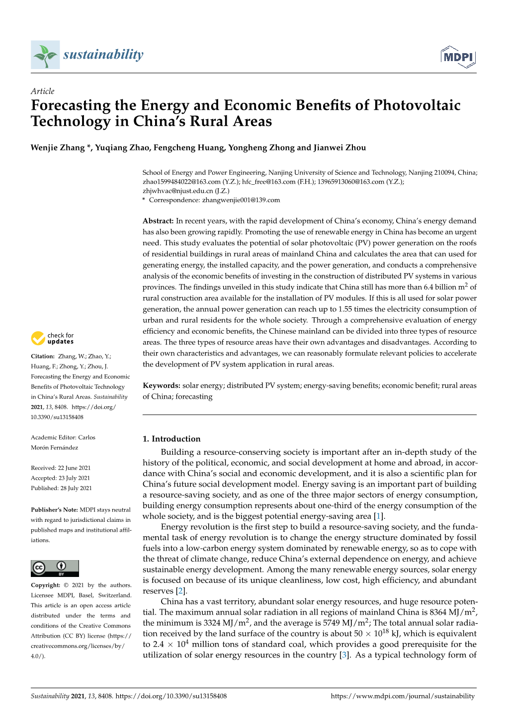 Forecasting the Energy and Economic Benefits of Photovoltaic