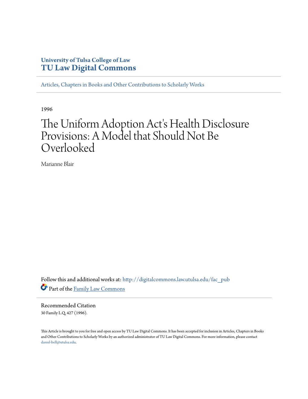 The Uniform Adoption Act's Health Disclosure Provisions: a Model That Should Not Be Overlooked